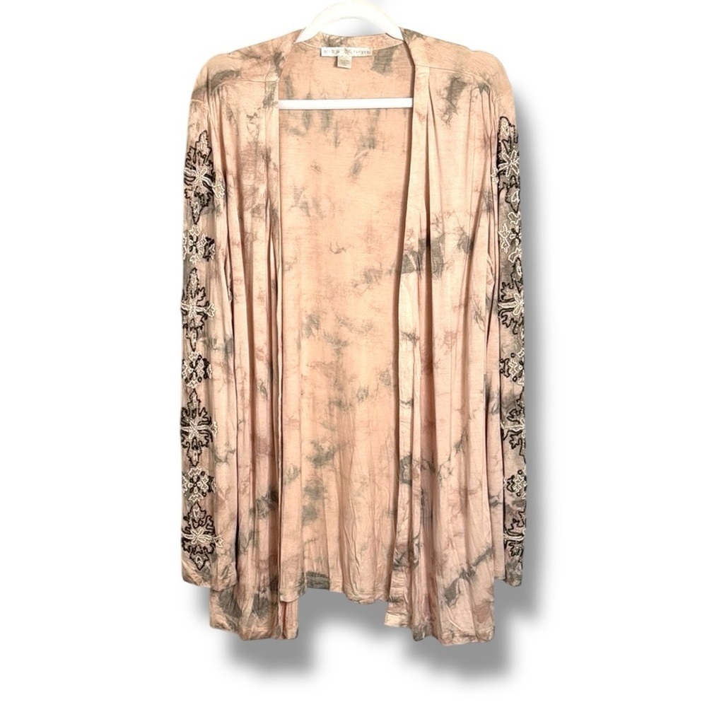 Boston Proper Pink & Grey Tied Dye Beaded Bell Sleeve Cardigan Size XL
